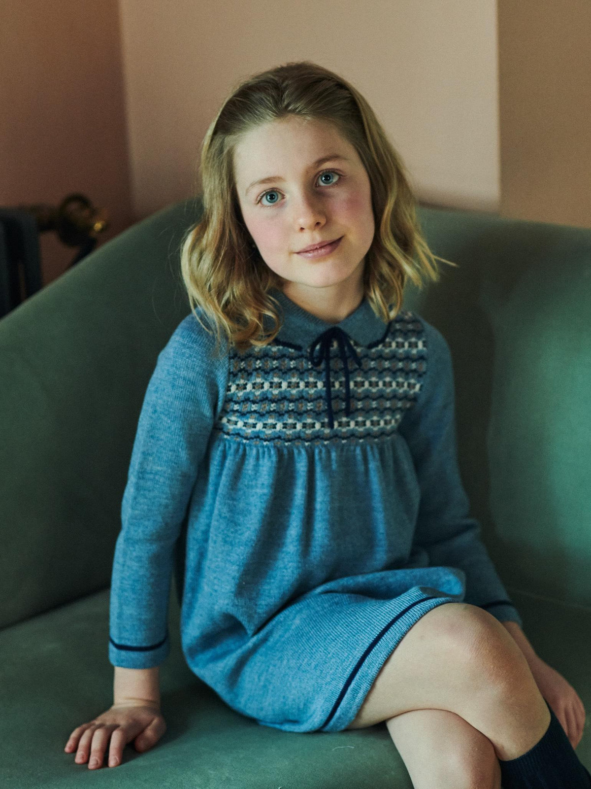 Slate Blue Aldara Merino Fair Isle Girl Knitted Dress