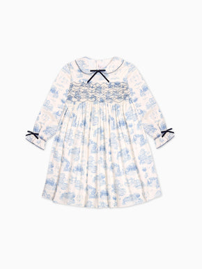 Blue Toile De Jouy Alice Girl Hand-Smocked Dress
