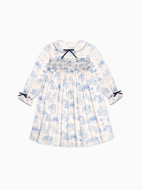 Blue Toile De Jouy Alice Girl Hand-Smocked Dress