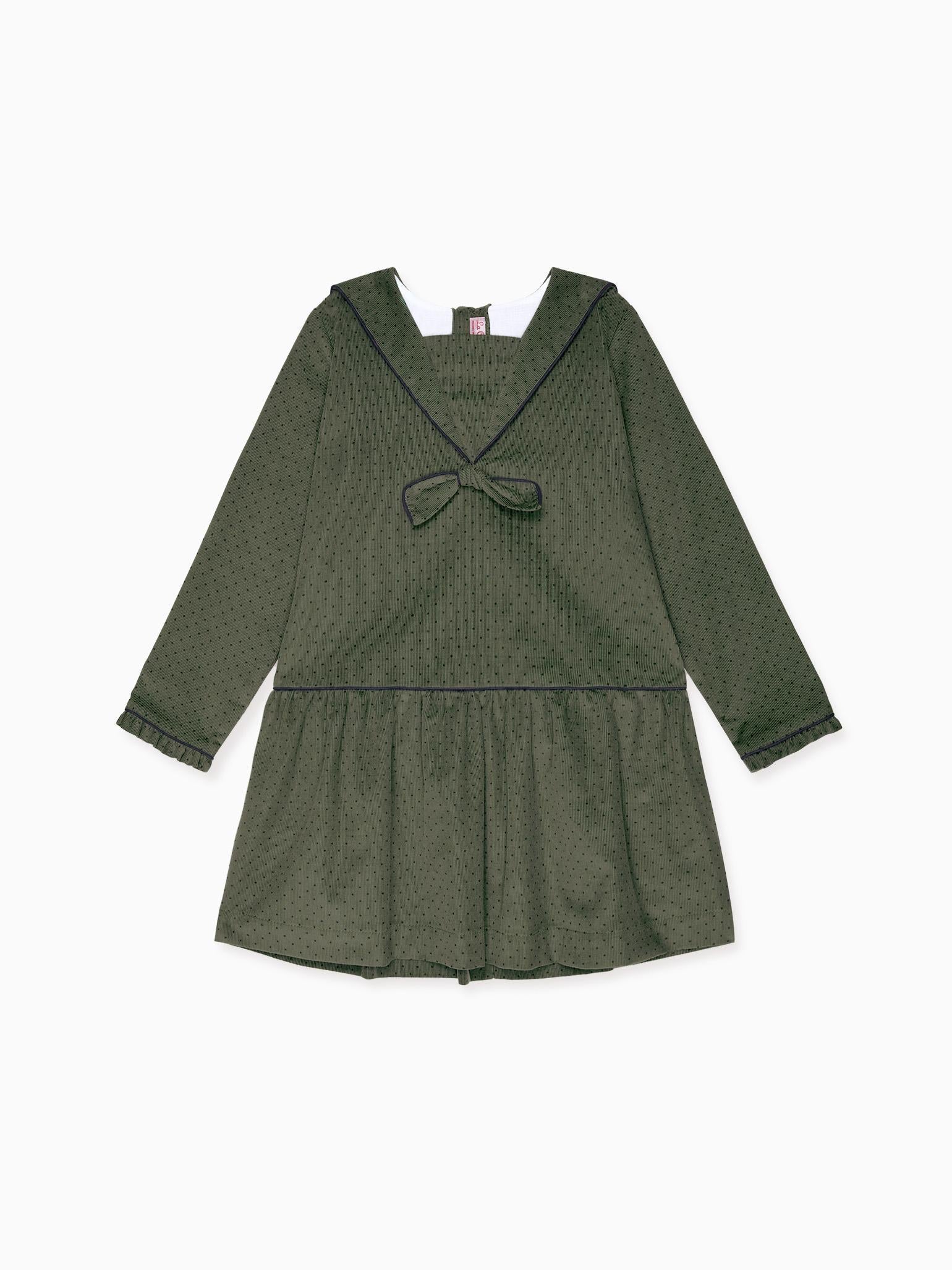 Olive Polka Dot Aranda Corduroy Girl Drop Waist Dress