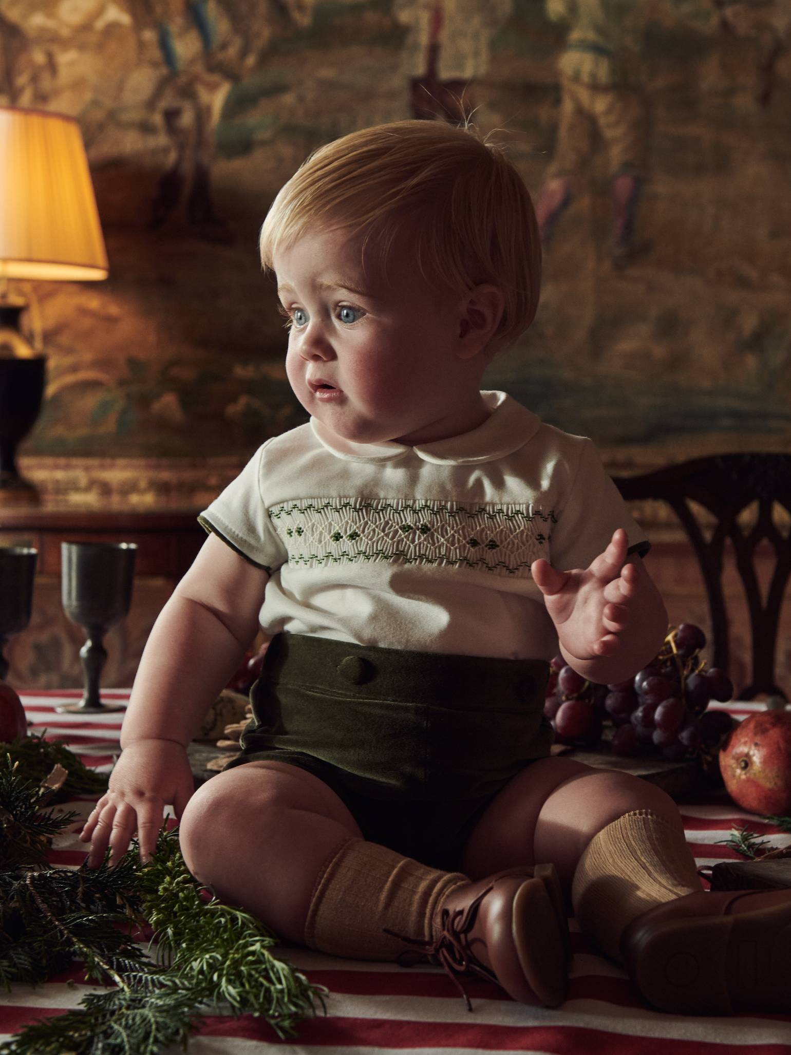 Green Bautista Velvet Baby Boy Hand-Smocked Set