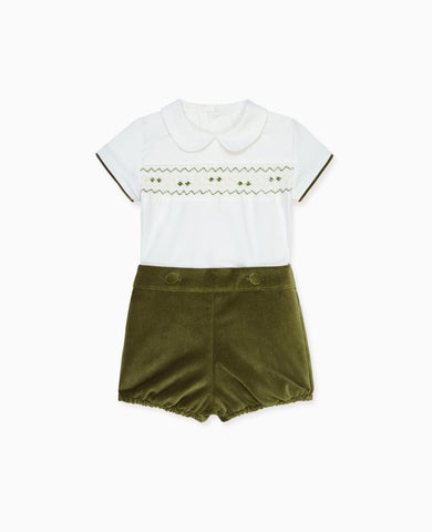 Green Bautista Velvet Baby Boy Hand-Smocked Set