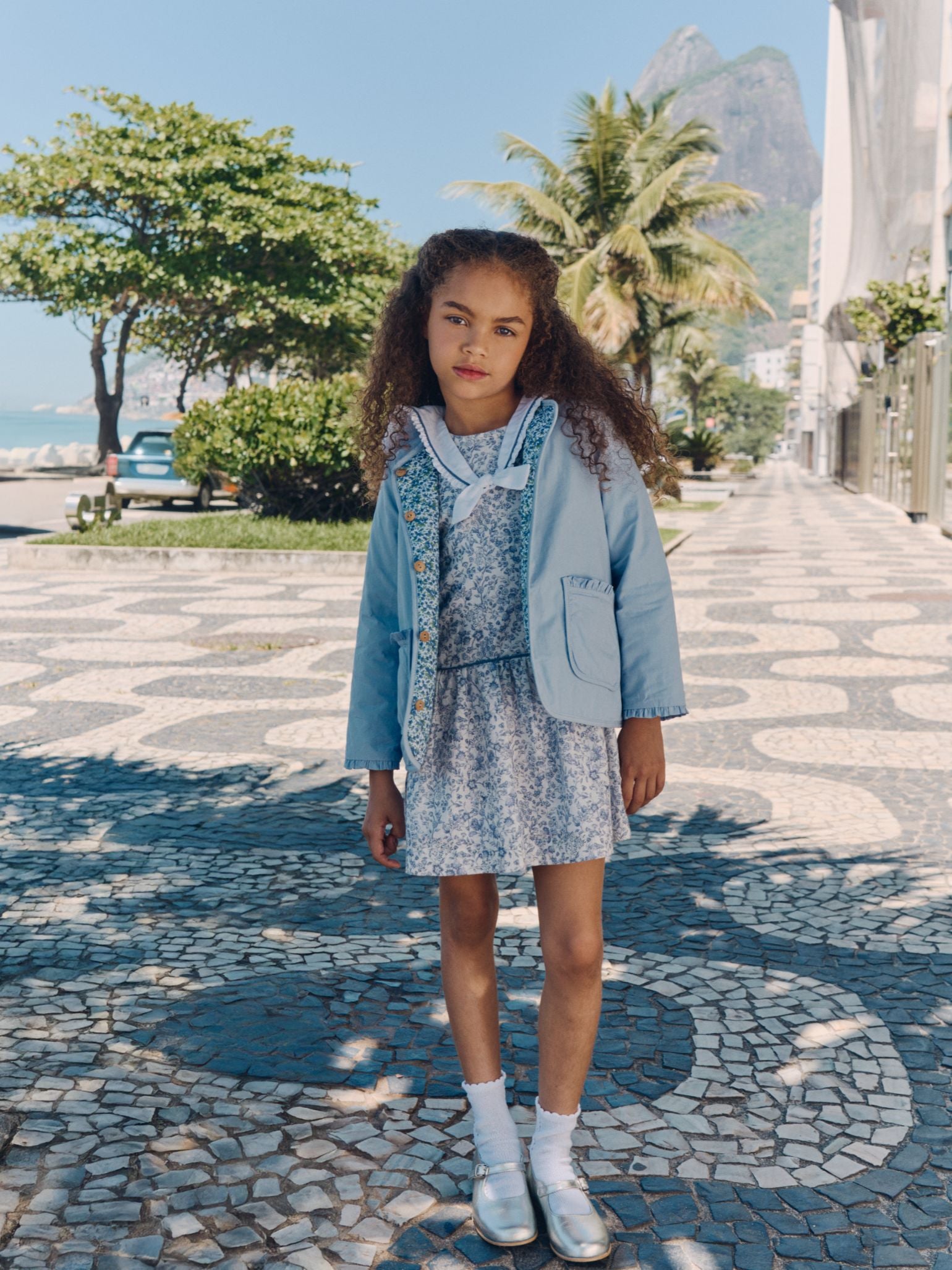 Dark Blue Floral Aranda Girl Drop Waist Dress