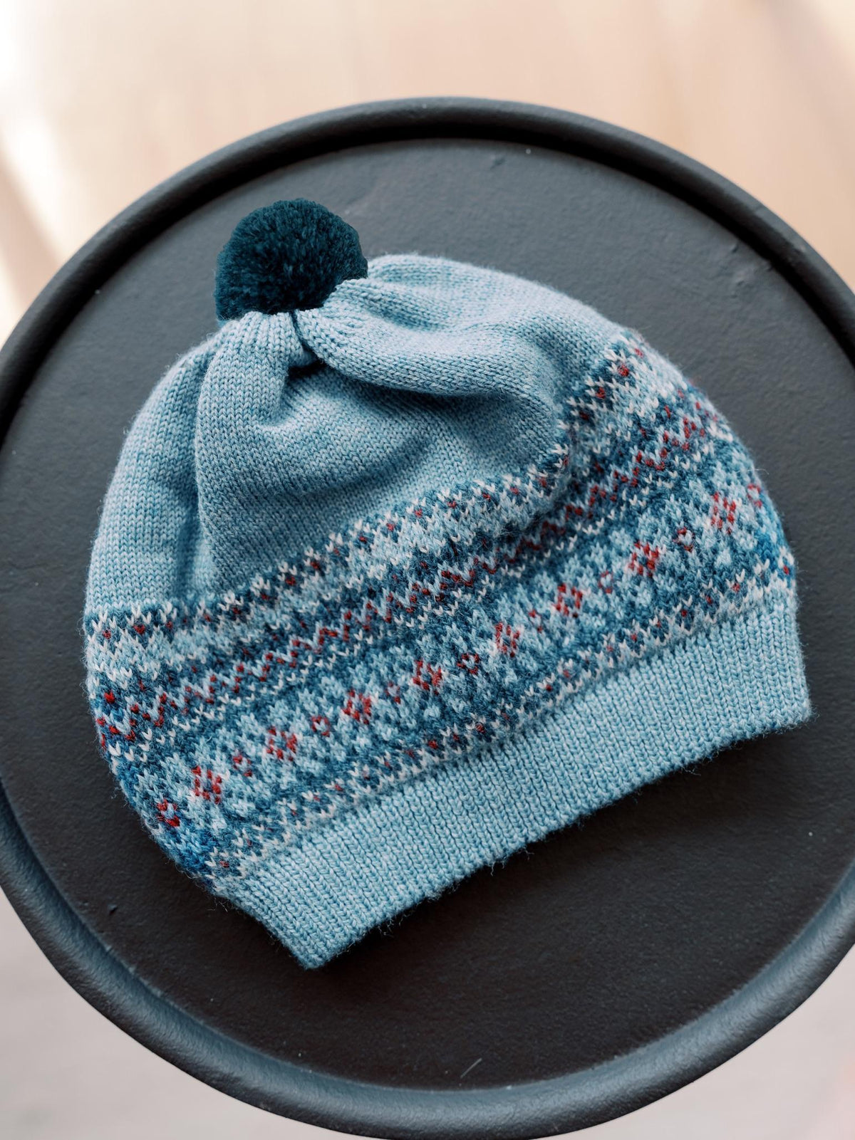 Dusty Blue Merino Fair Isle Kids Bobble Hat