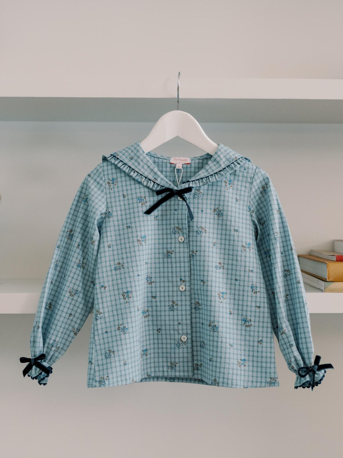 Blue Gingham Floral Clara Long Sleeve Girl Shirt