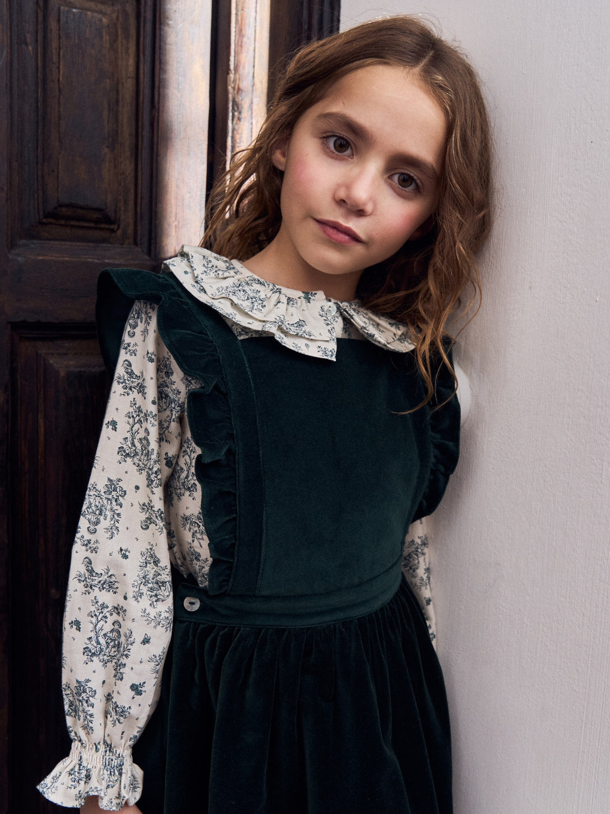 Green Toile Du Jouy Lila Long Sleeve Girl Shirt
