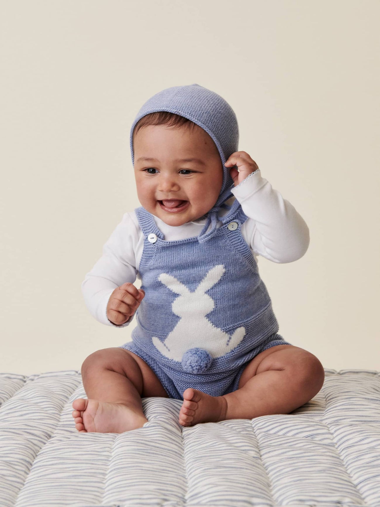 Blue Crispa Cotton Bunny Baby Knitted Dungarees