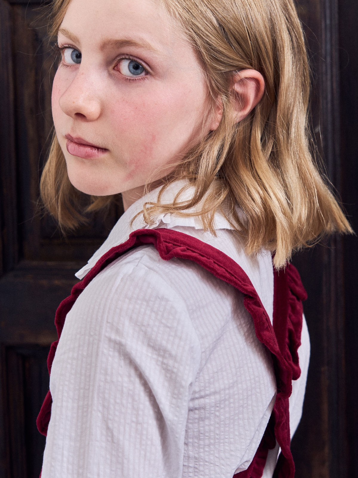 Burgundy Reina Velvet Girl Pinafore Skirt