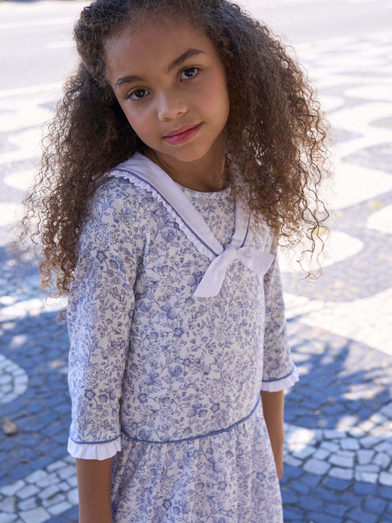 Dark Blue Floral Aranda Girl Drop Waist Dress