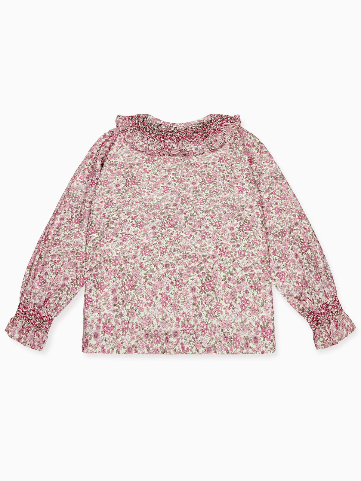 Pink Floral Emanuella Long Sleeve Girl Hand-Smocked Shirt