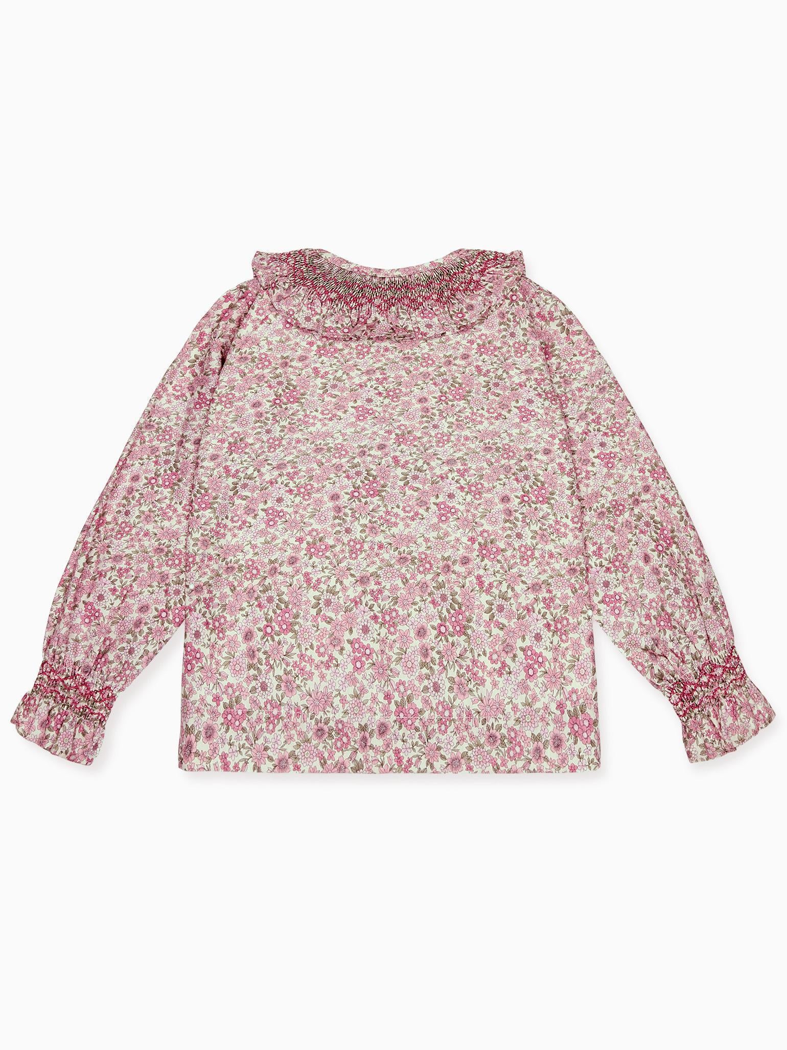 Pink Floral Emanuella Long Sleeve Girl Hand-Smocked Shirt