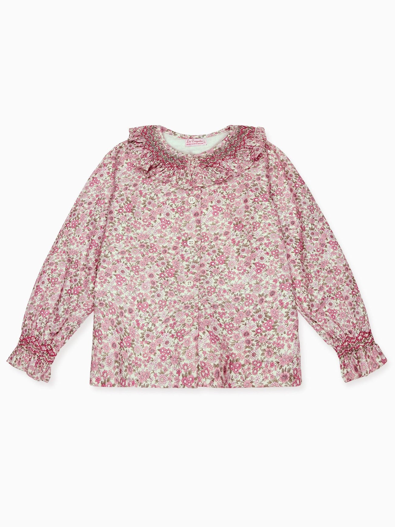 Pink Floral Emanuella Long Sleeve Girl Hand-Smocked Shirt