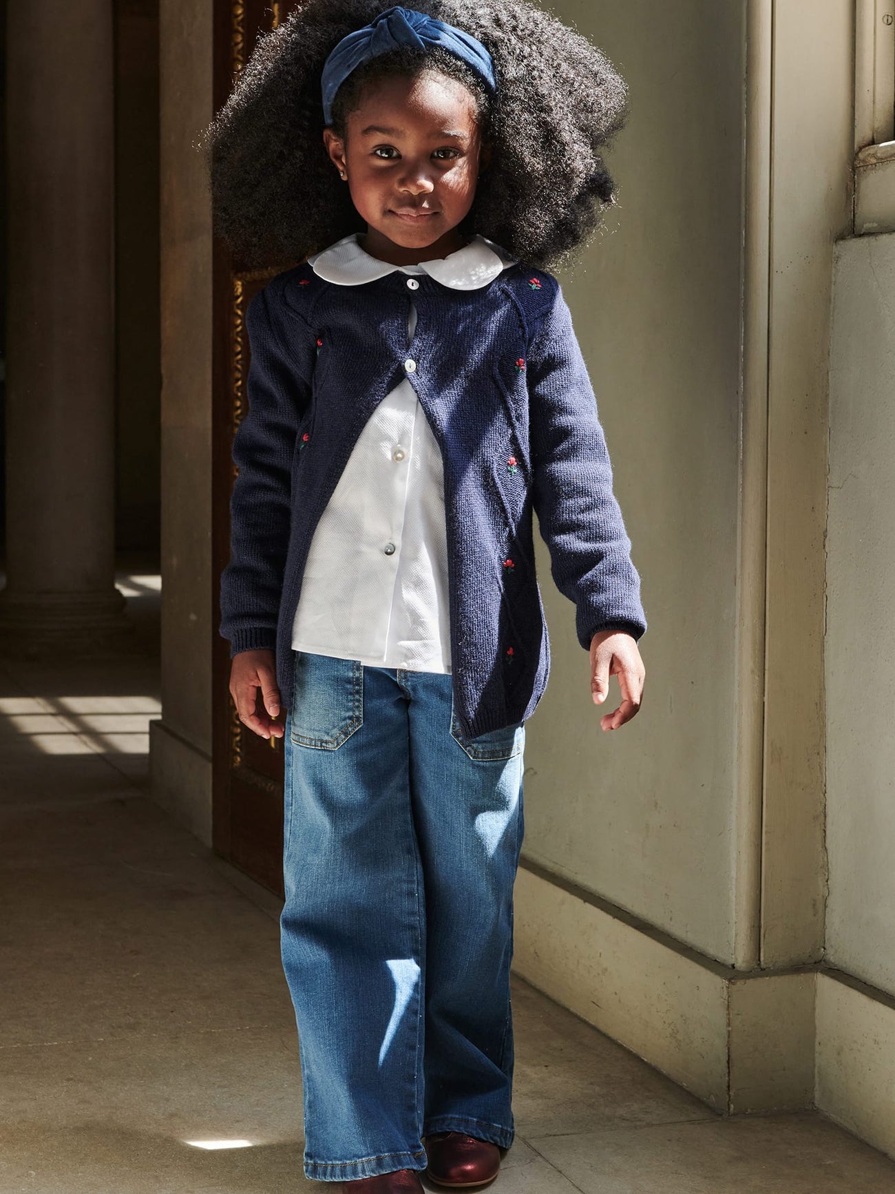 Navy Espina Merino Intarsia Girl Cardigan