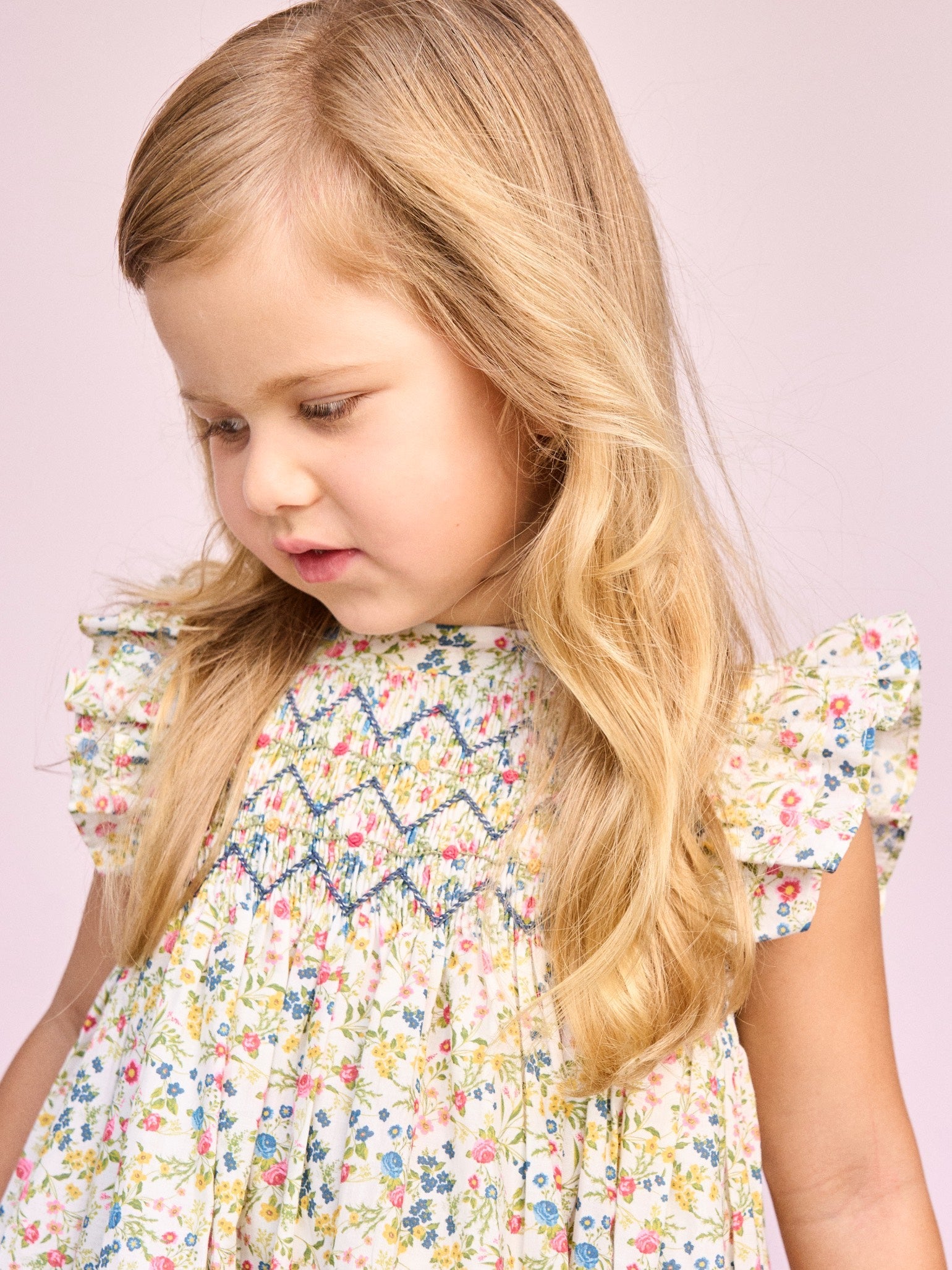 Ivory Floral Estefana Girl Hand-Smocked Dress