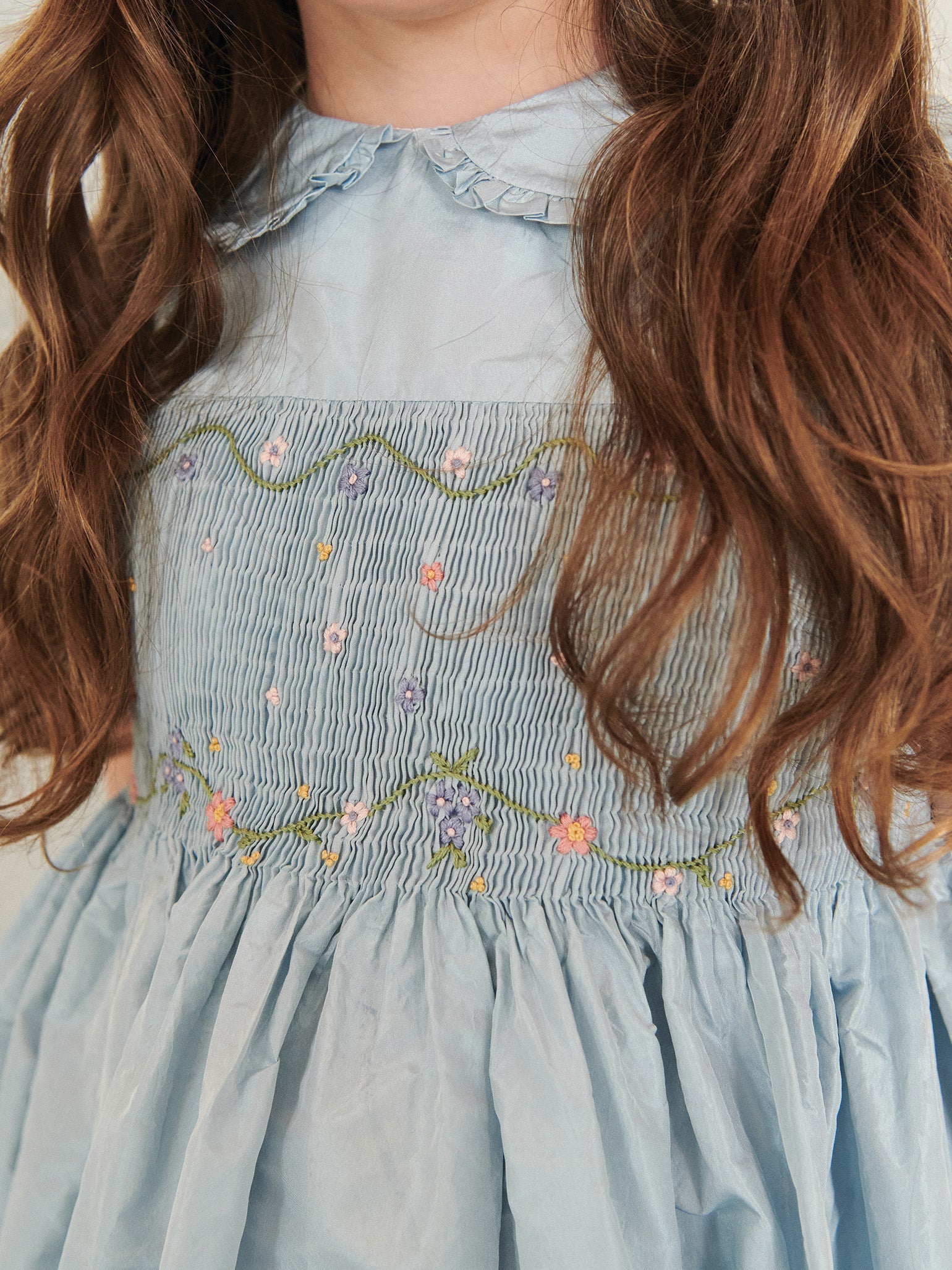 Light Blue Eva Silk Ceremony Girl Hand-Smocked Dress