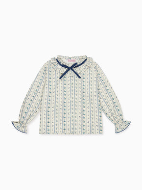Blue Floral Stripe Felixa Long Sleeve Baby Girl Shirt