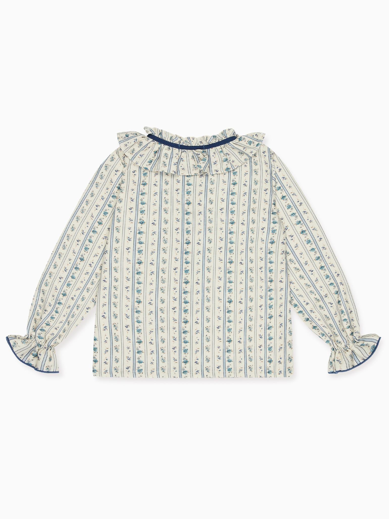 Blue Floral Stripe Felixia Long Sleeve Girl Shirt