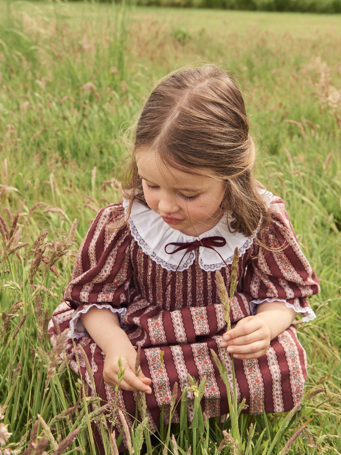 Burgundy Floral Stripe Festa Girl Hand-Smocked Dress