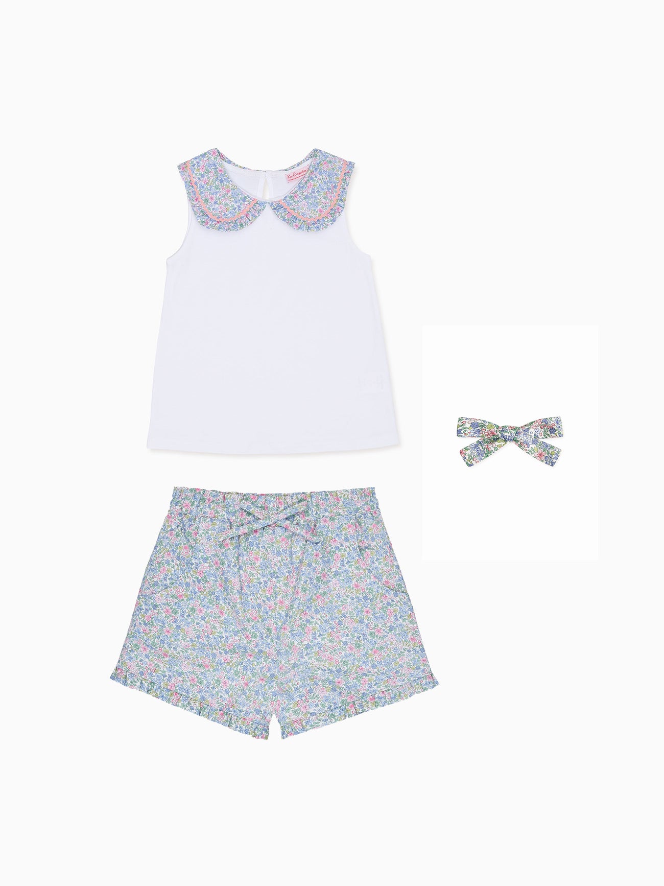 Florentina Girl Top, Flores Girl Shorts & Soft Ribbon Bow Clip Outfit Bundle