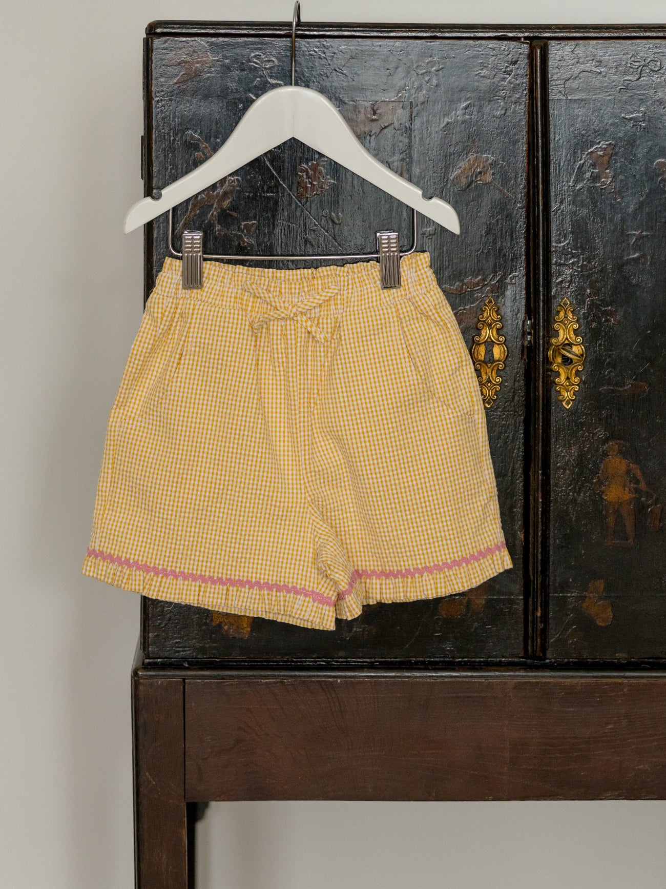 Yellow Gingham Flores Cotton Girl Shorts