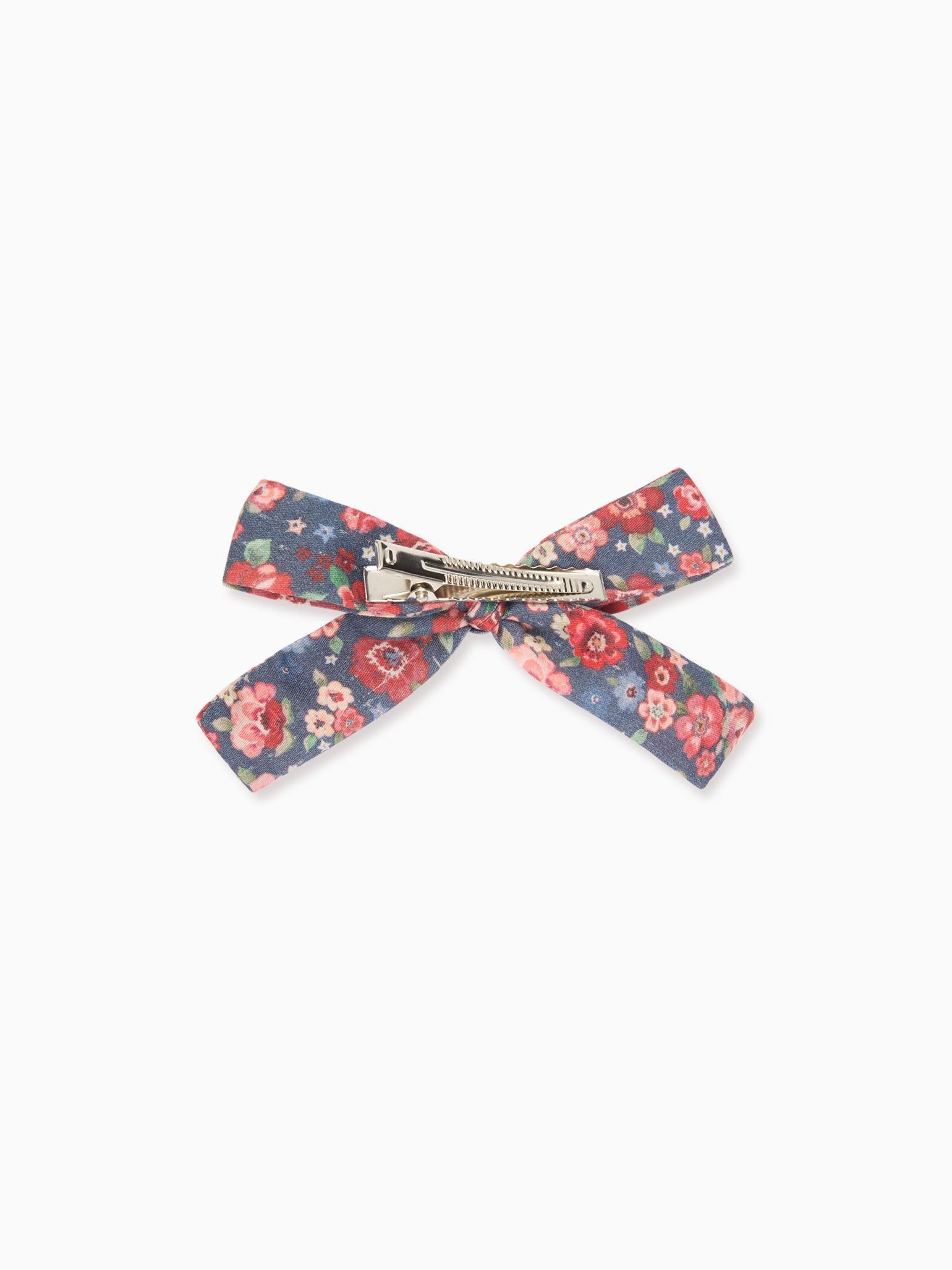 Navy Floral Girl Soft Ribbon Bow Clip