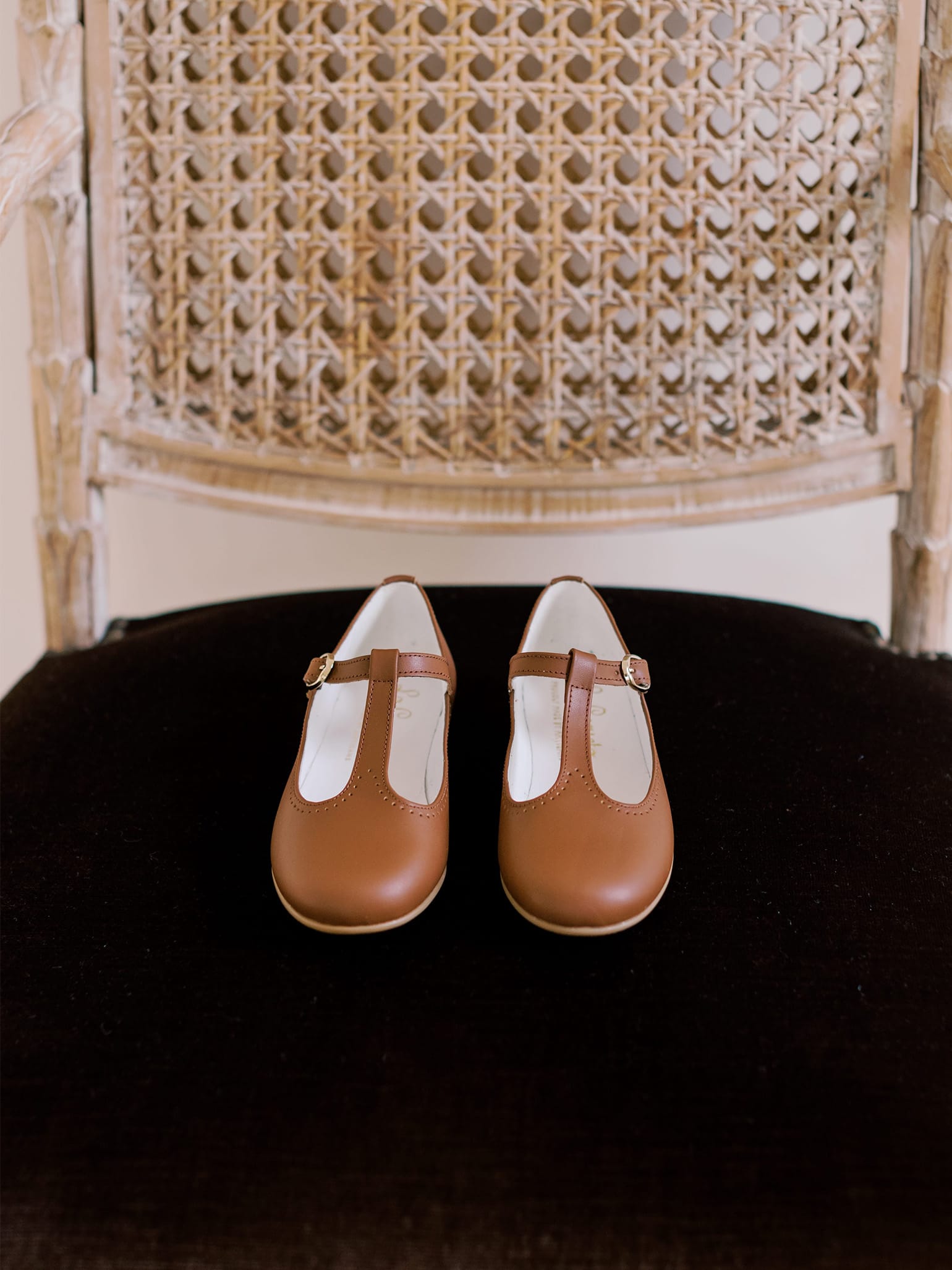 Dark Tan Leather Girl T-Bar Shoes