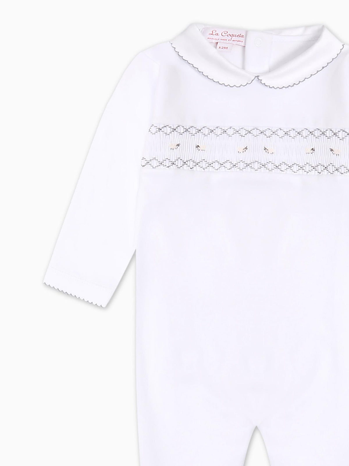 White Lamb Baby Girl Hand-Smocked Sleepsuit