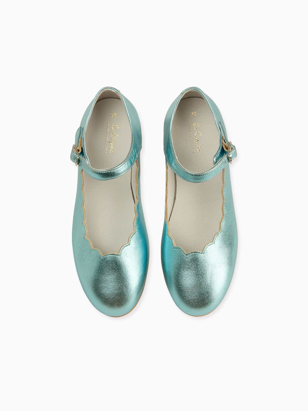 Metallic Blue Leather Girl Scallop Mary Jane Shoes