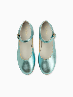 Metallic Blue Leather Girl Scallop Mary Jane Shoes