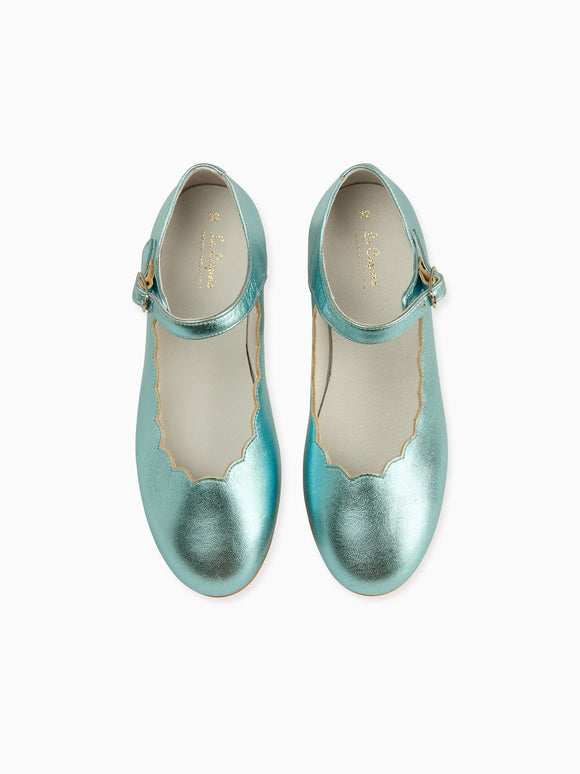 Metallic Blue Leather Girl Scallop Mary Jane Shoes