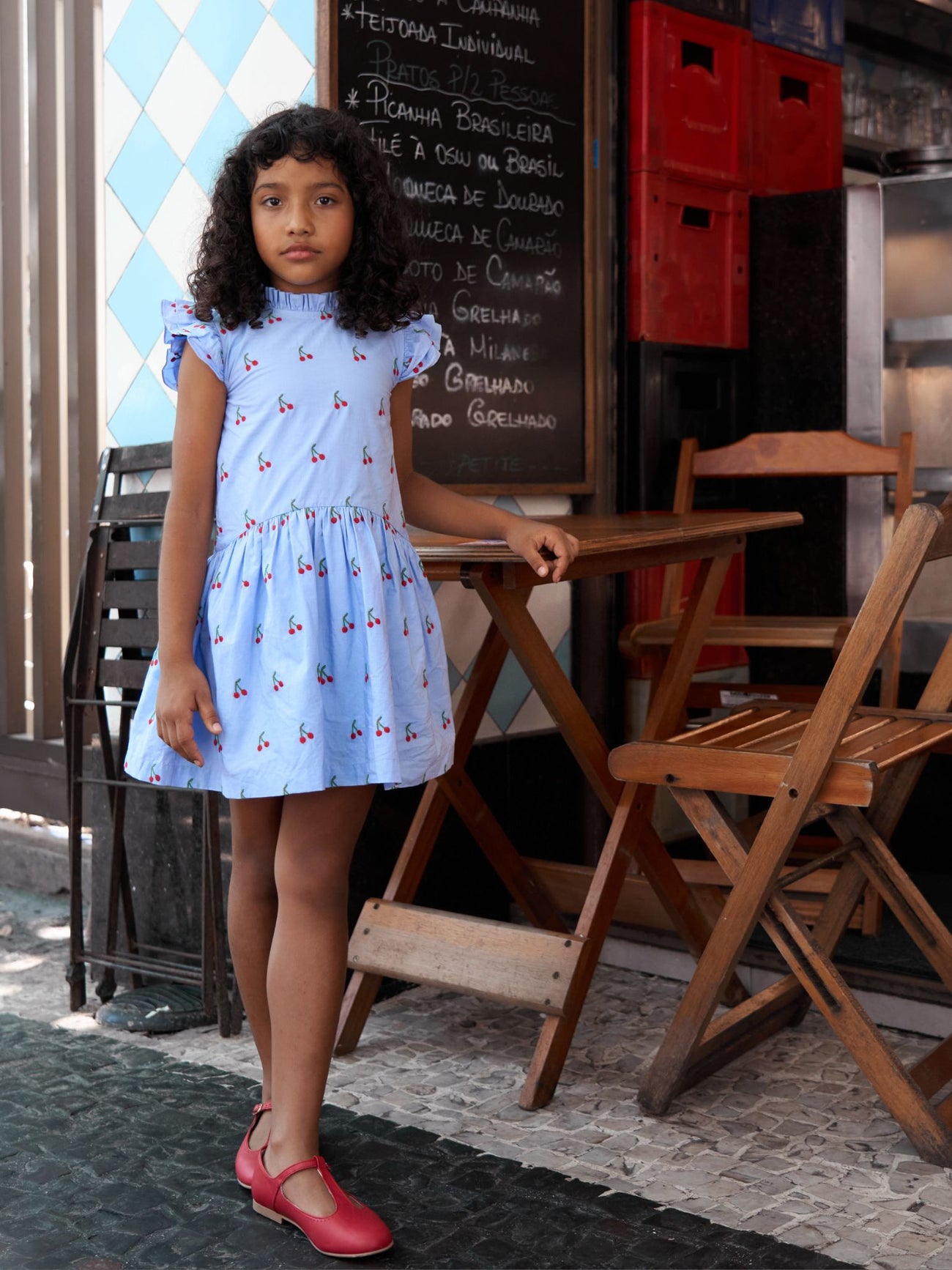Light Blue Cherry Rita Girl Drop Waist Dress