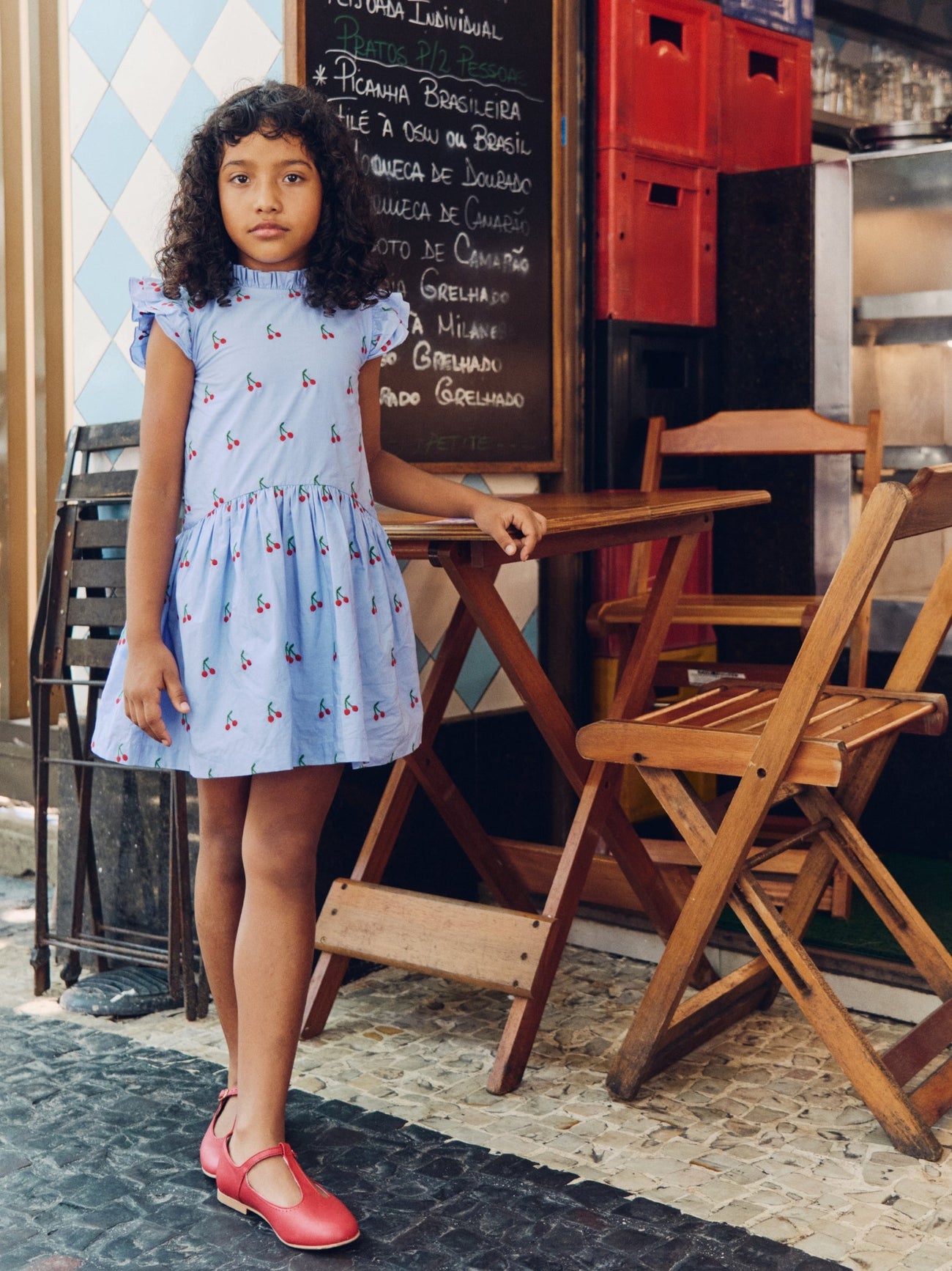 Light Blue Cherry Rita Girl Drop Waist Dress