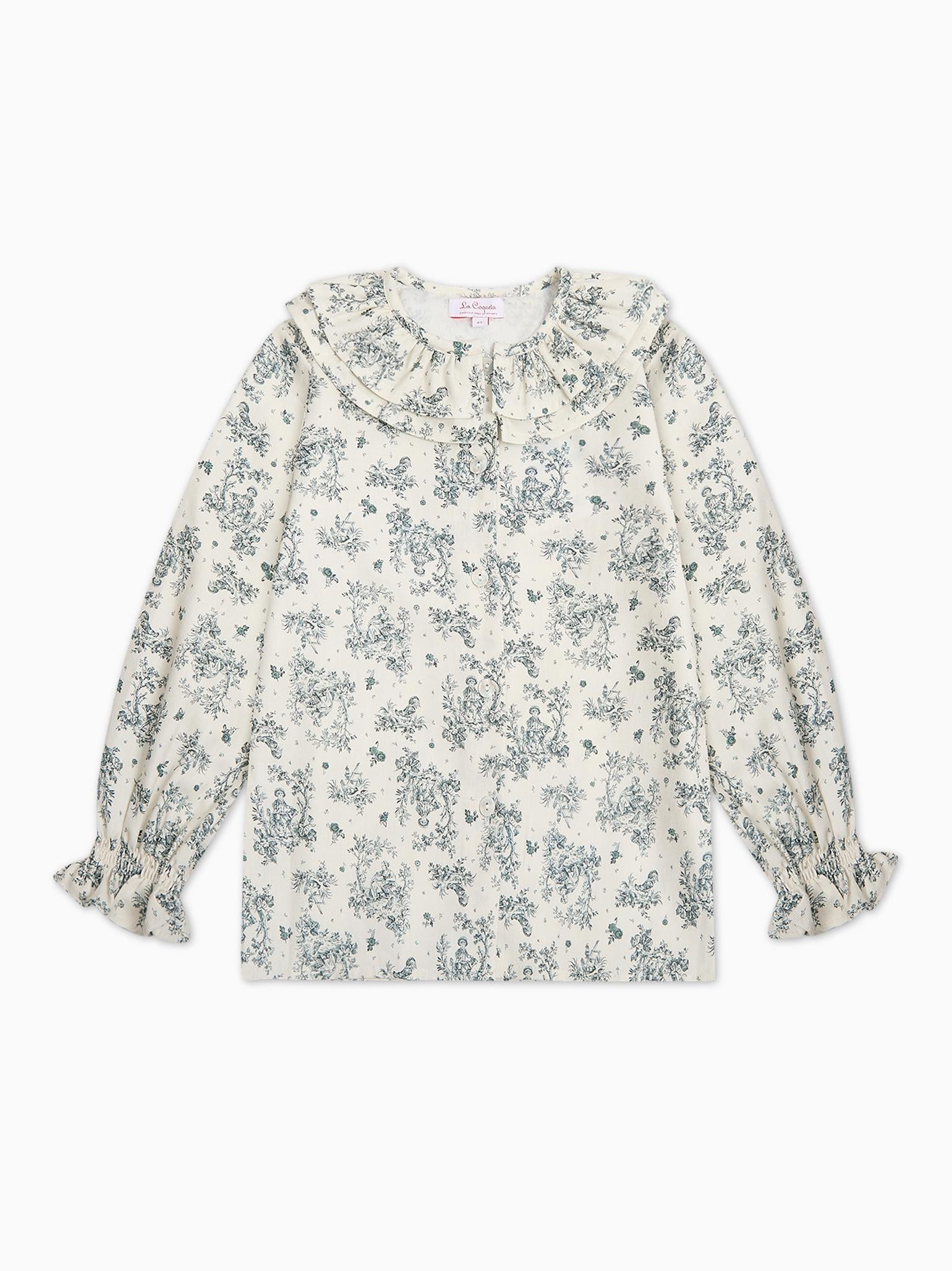 Green Toile Du Jouy Lila Long Sleeve Girl Shirt