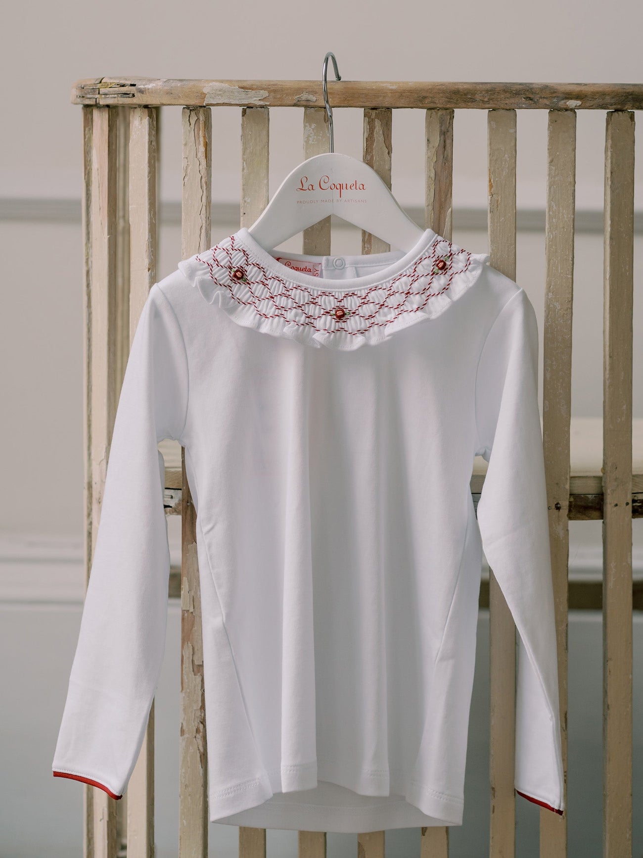 White Liliana Long Sleeve Girl Hand-Smocked Top