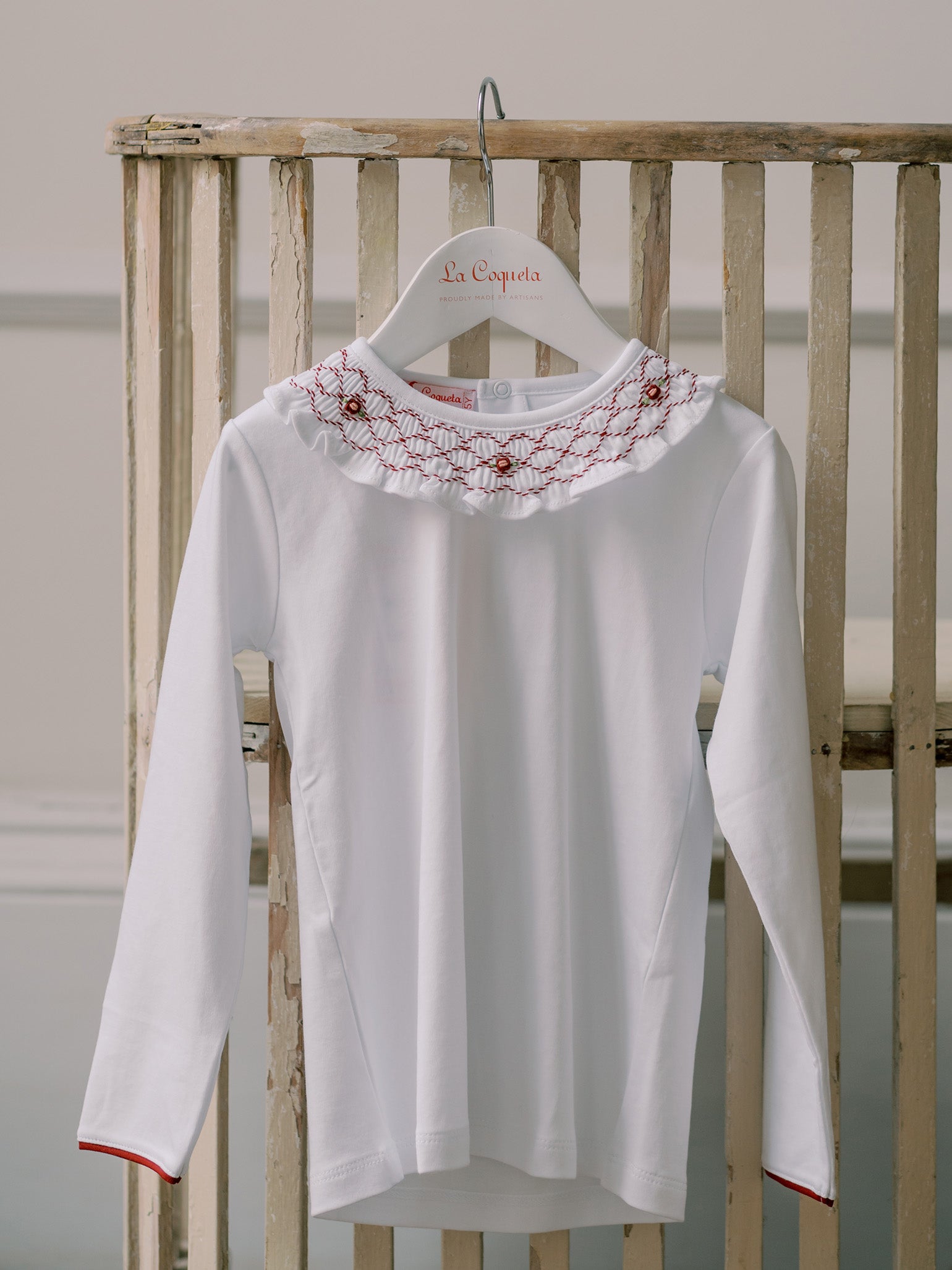 White Liliana Long Sleeve Girl Hand-Smocked Top