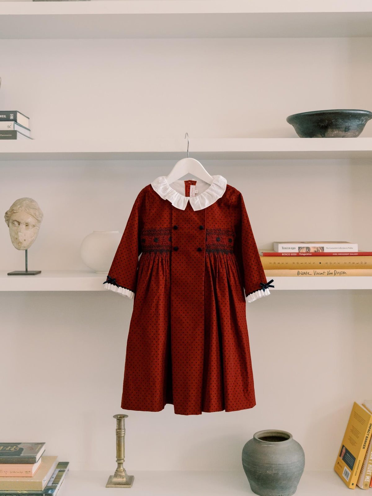 Burgundy Polka Dot Magdalena Corduroy Girl Hand-Smocked Dress