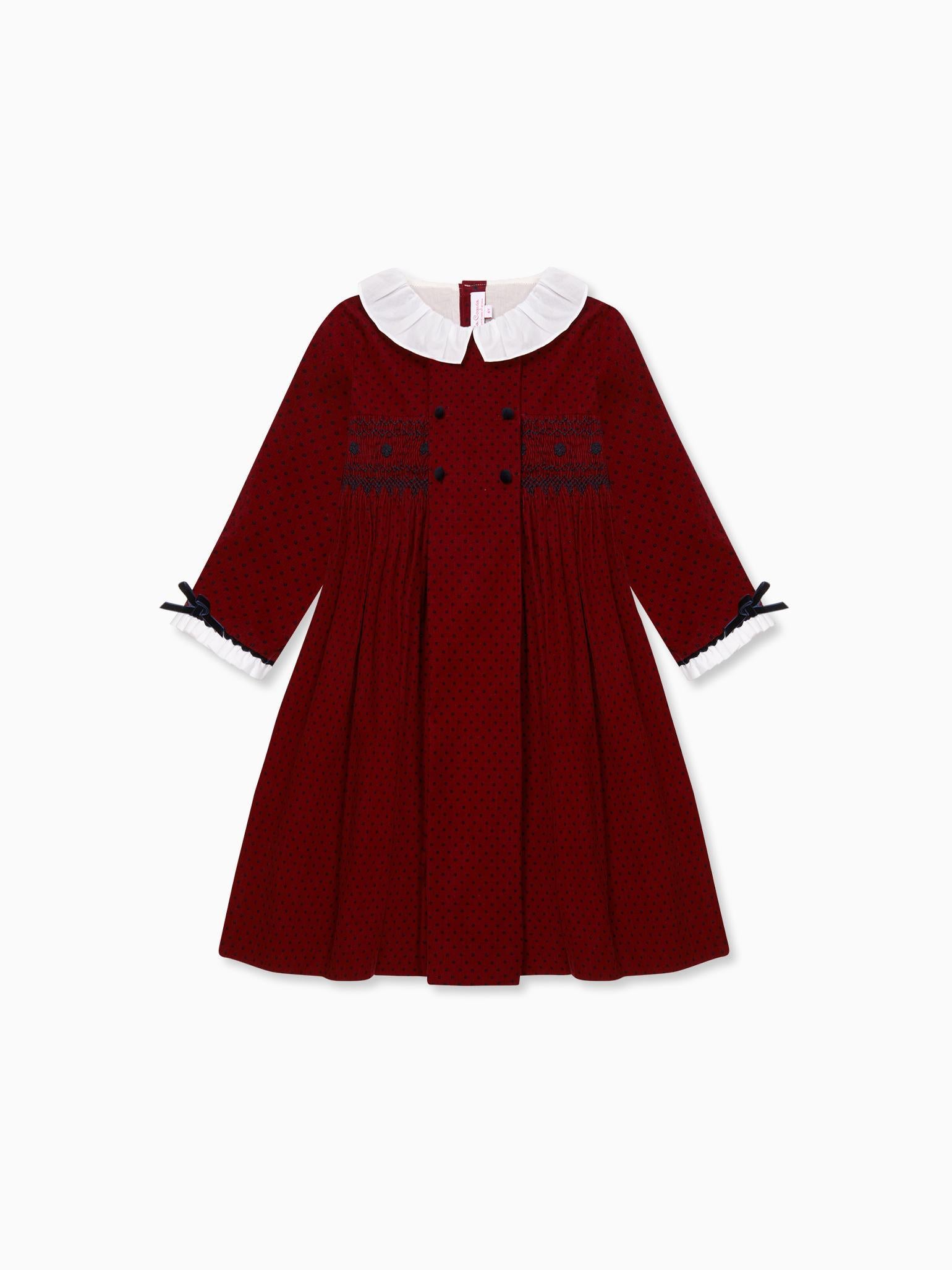 Burgundy Polka Dot Magdalena Corduroy Girl Hand-Smocked Dress