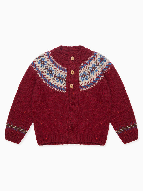Dark Red Merino Fair Isle Baby Cardigan