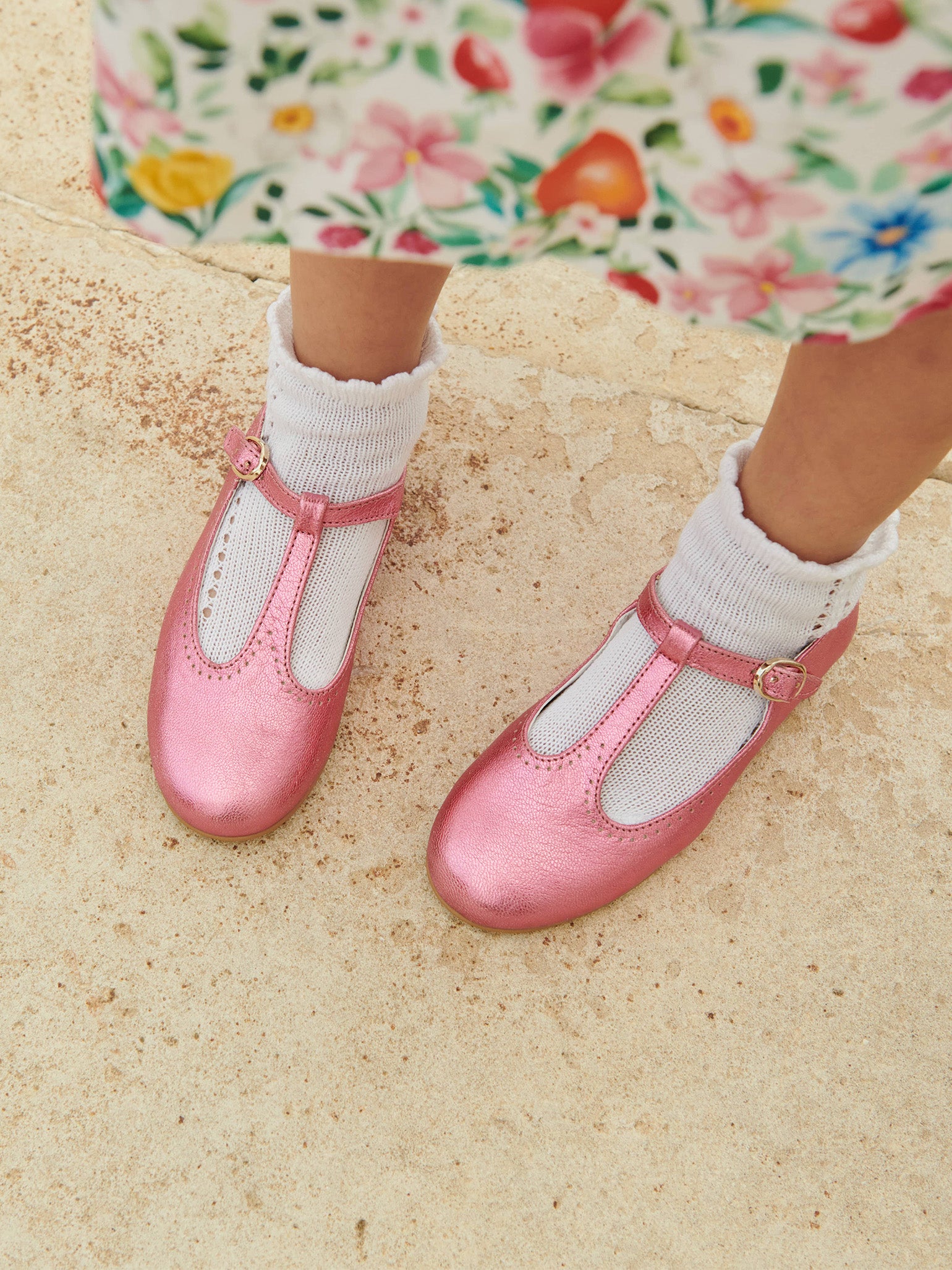 Metallic Pink Girl T-Bar Shoes