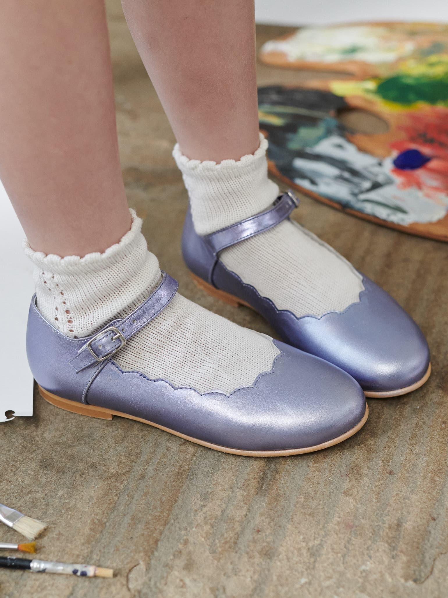 Metallic Lilac Leather Girl Scallop Mary Jane Shoes