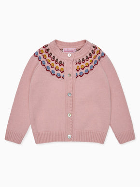 Dusty Pink Nelia Merino Fair Isle Baby Girl Cardigan