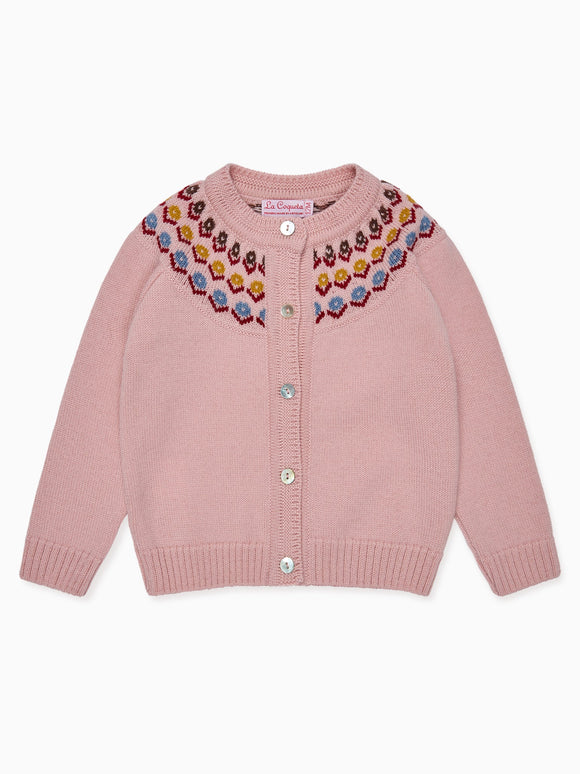 Dusty Pink Nelia Merino Fair Isle Baby Girl Cardigan