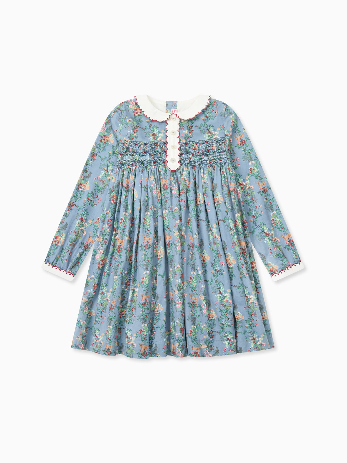Blue Deer Floral Noelia Girl Hand-Smocked Dress