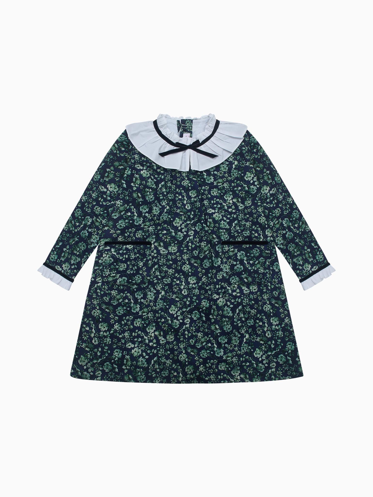 Navy & Green Floral Odisea Girl A-Line Dress