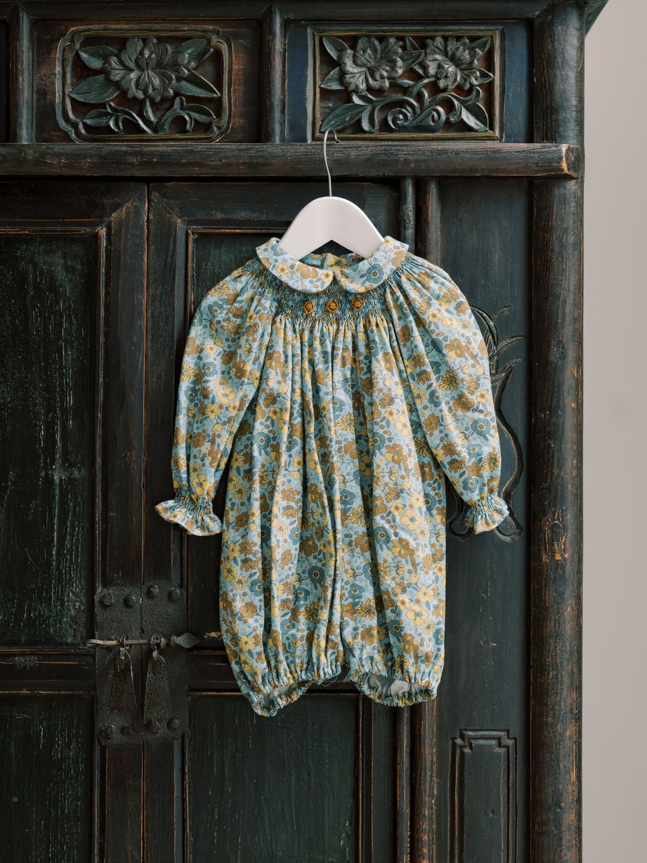 Blue Floral Palma Baby Girl Hand-Smocked Romper