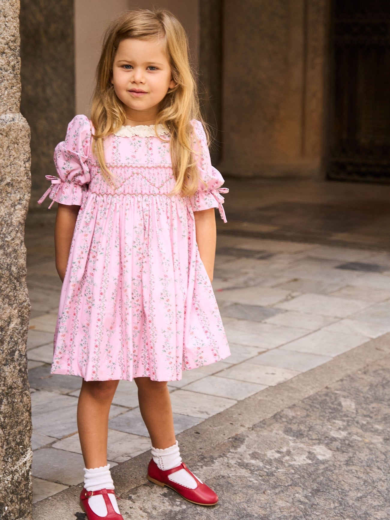 Pink Garland Floral Penelope Girl Hand-Smocked Dress