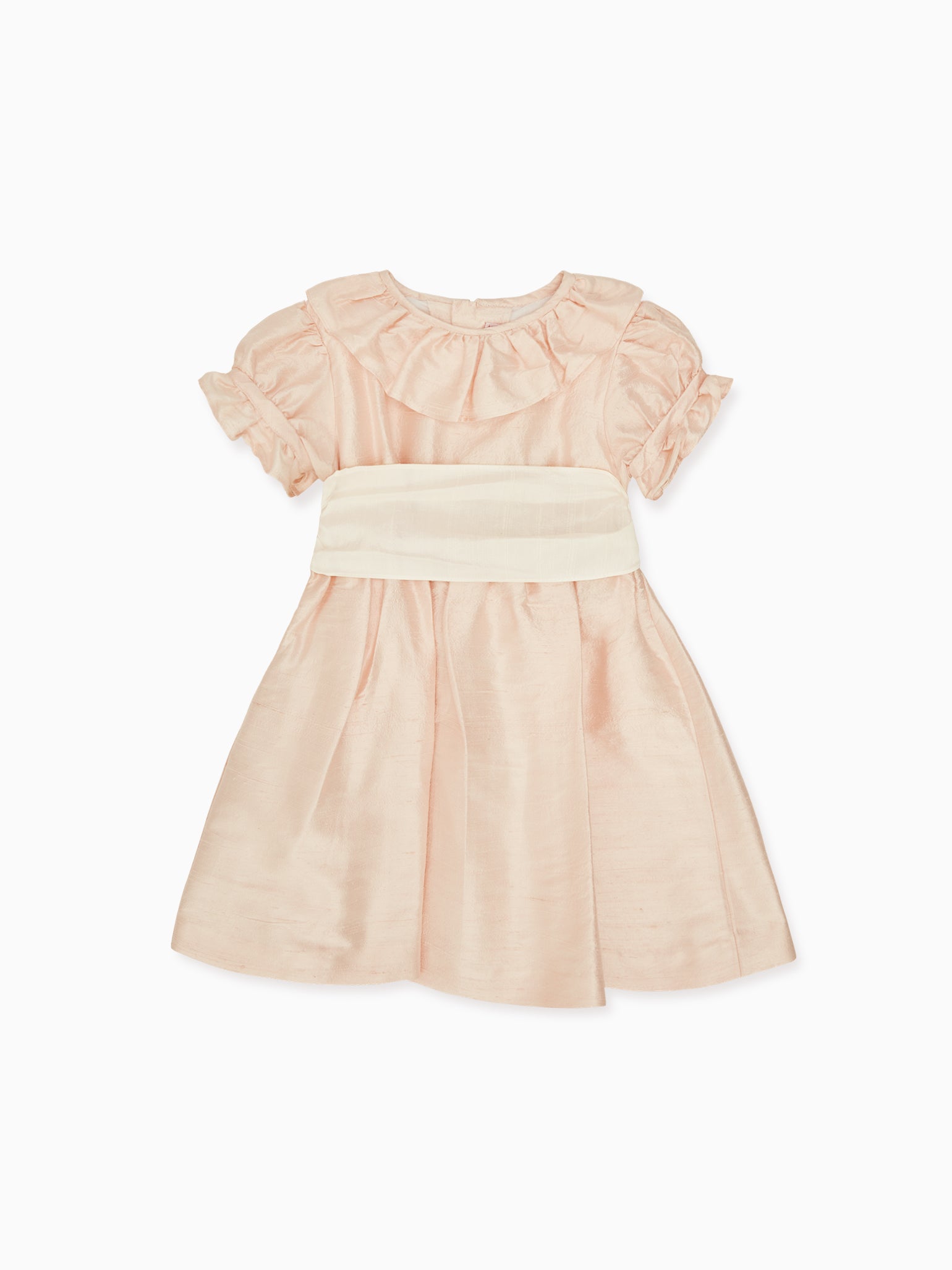Elegant children's dress in soft pink satin with ruffled short sleeves and a wide cream sash, perfect for special occasions.