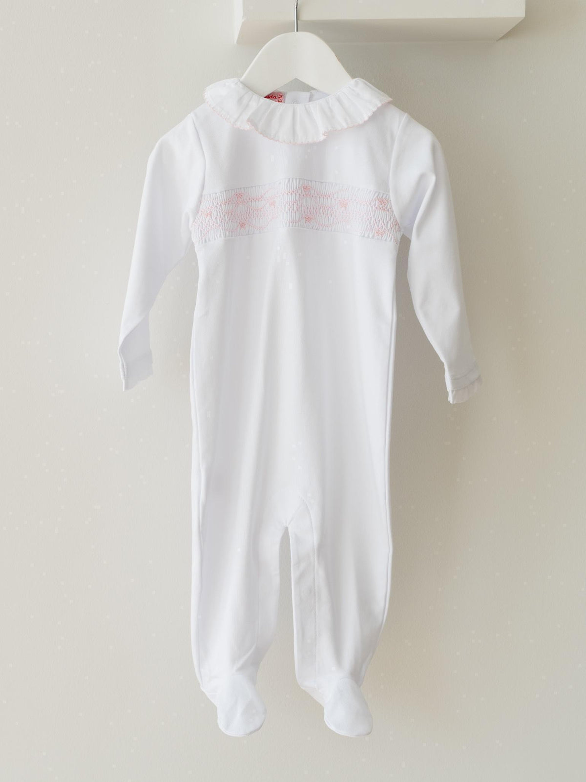 Pink Floral Bow Baby Girl Hand-Smocked Sleepsuit