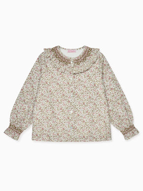 Pink Floral Emanuela Long Sleeve Hand-Smocked Girl Shirt