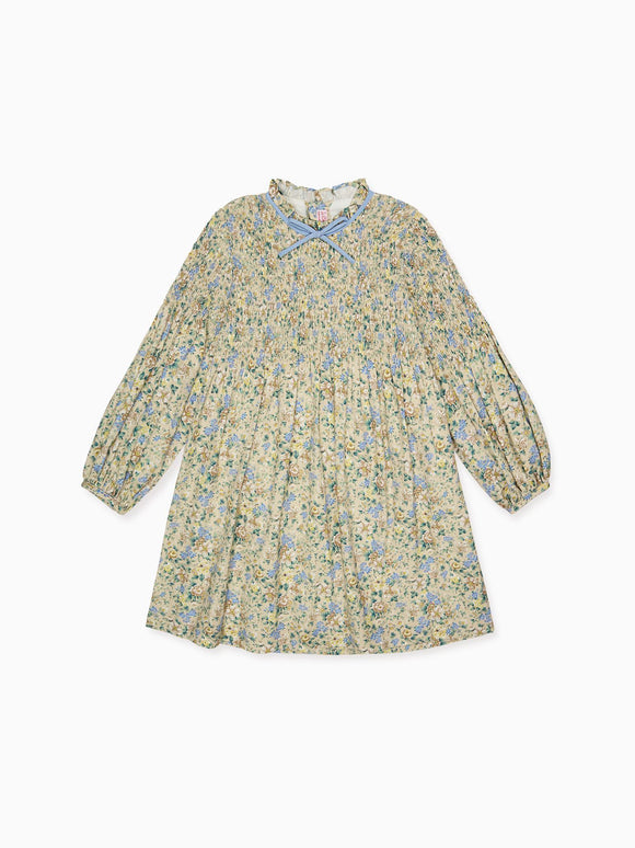Beige Floral Raya Girl Hand-Smocked Dress